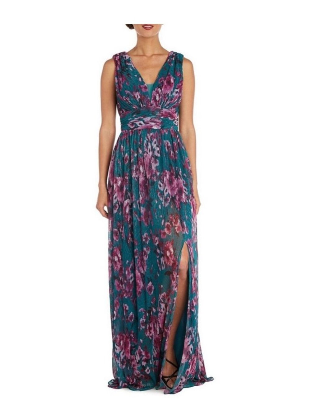 R&M Richards Nightway Teal Lurex Mesh Floral Maxi Dress Size 18 ✨ NWT